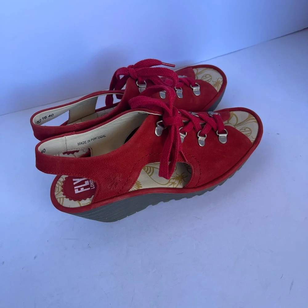 Fly London Red Suede Lace-Up Wedge Sandals